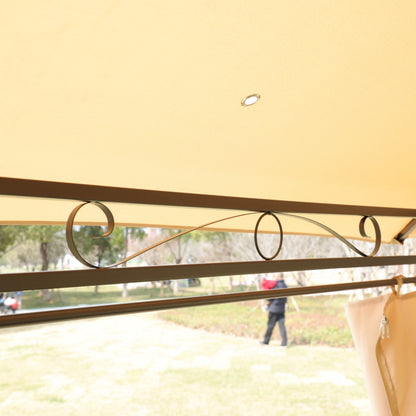 Khaki outdoor gazebo canopy interior with ceiling light and curved metal scrolls on window on Tampa Home & Garden Store