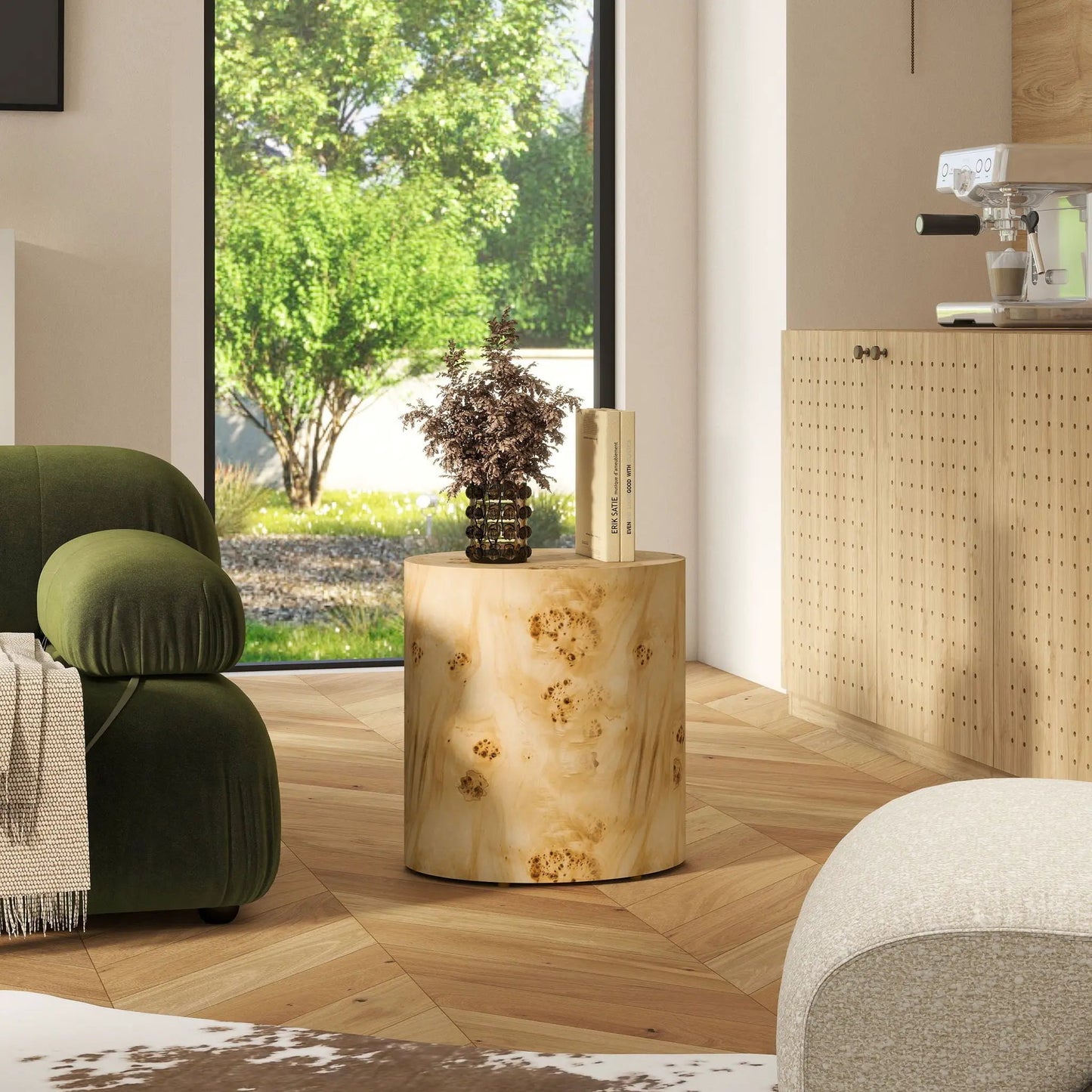 Nebula Accent Oval Pillar Side Table natural burl wood finish Unique Piece Furniture on Tampa Home & Garden Store