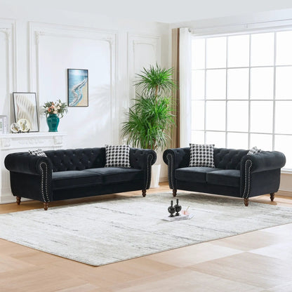 Chesterfield 3- and 2-seat sofa set in black velvet with roll arms and nailhead trim by Unique Piece Furniture on Tampa Home & Garden Store