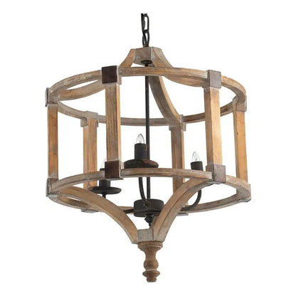 Three Light Wood Drum Chandelier With Chain Brown