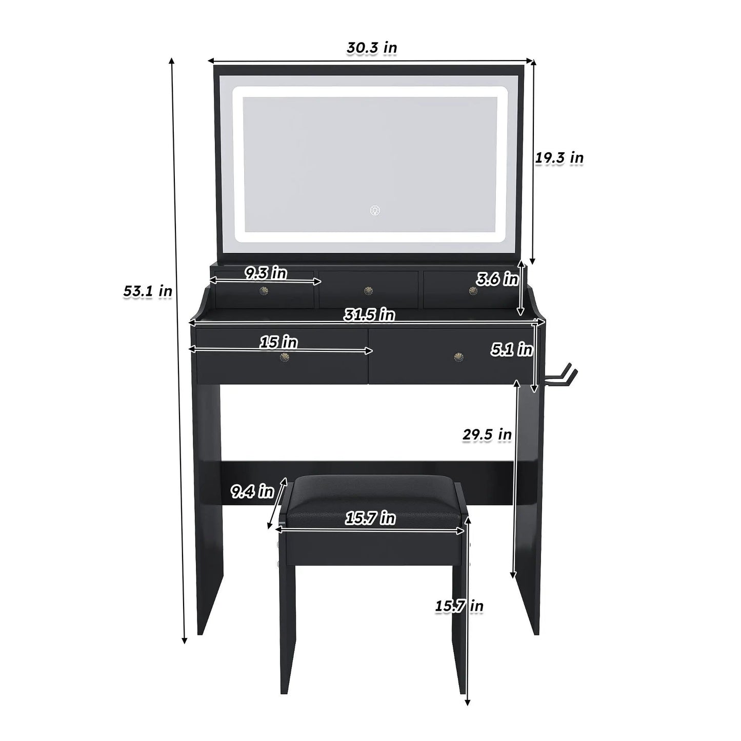 Modern makeup vanity set with mirror, black finish, drawers, and bench by Unique Piece Furniture on Tampa Home & Garden Store