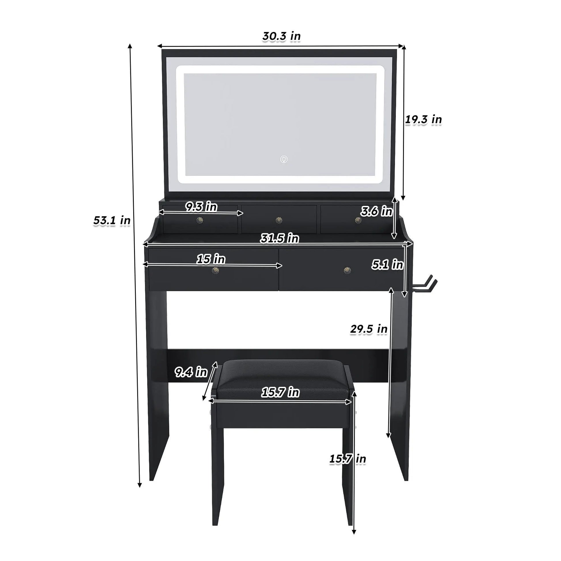 Modern makeup vanity set with mirror, black finish, drawers, and bench by Unique Piece Furniture on Tampa Home & Garden Store