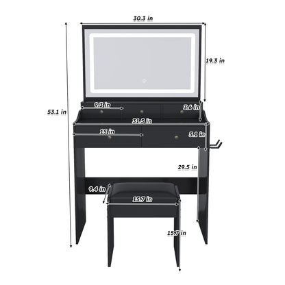 Modern makeup vanity set with mirror, black finish, drawers, and bench by Unique Piece Furniture on Tampa Home & Garden Store