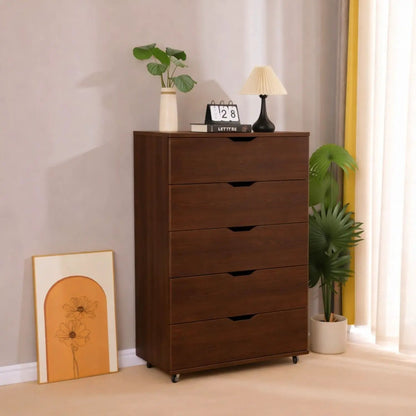 Modern 5-drawer dresser with wheels in dark walnut finish by Unique Piece Furniture on Tampa Home & Garden Store