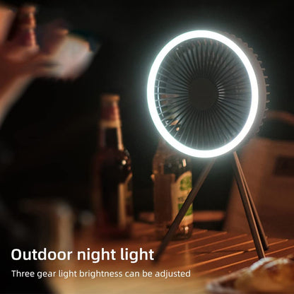 Camping Fan Light USB Tripod Hanging with circular LED ring on a compact outdoor tripod at night on Tampa Home & Garden Store
