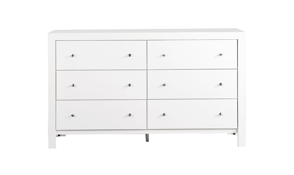White transitional six-drawer dresser with round metal knobs on Tampa Home & Garden Store