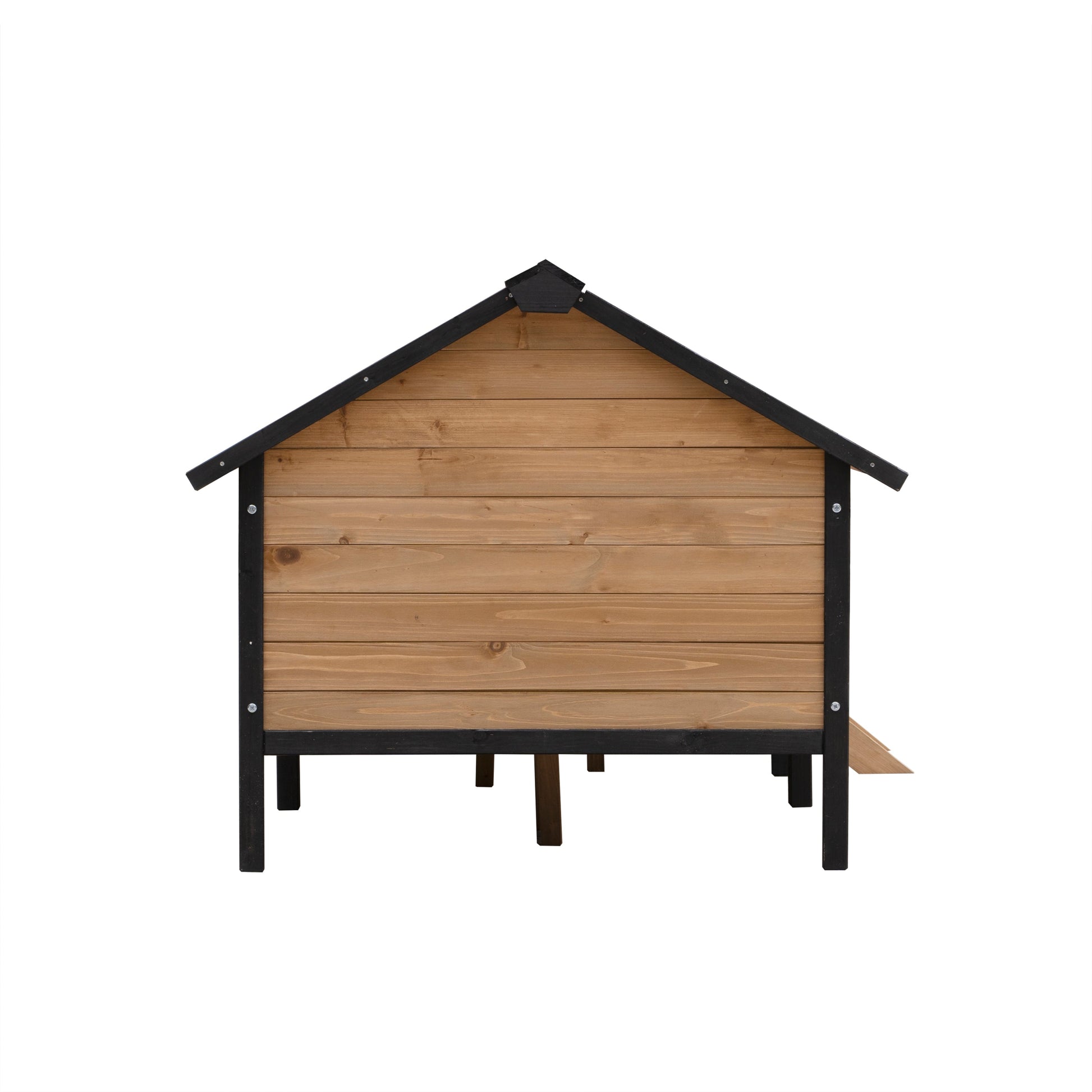 Outdoor wooden cabin style dog kennel with porch, natural wood panels and black trim on Tampa Home & Garden Store