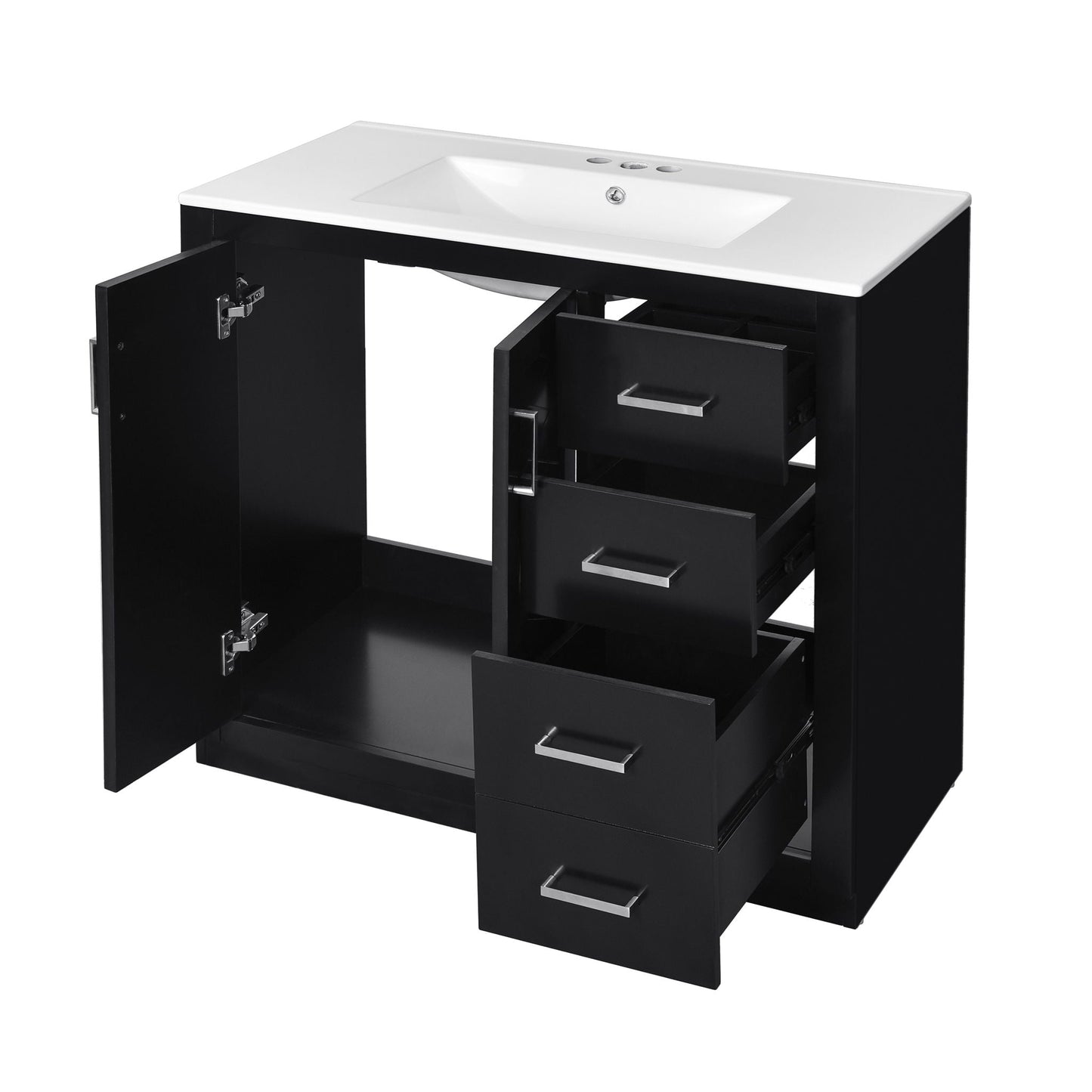 Bathroom vanity with sink in black cabinet, white top, 3 drawers & soft-close doors on Tampa Home & Garden Store