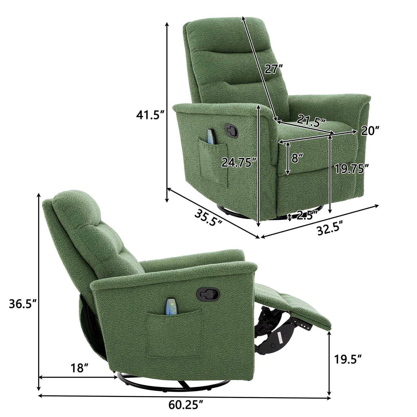 Manual recliner chair with 8-point massage and swivel, green upholstery, HouseOfZazla on Tampa Home & Garden Store