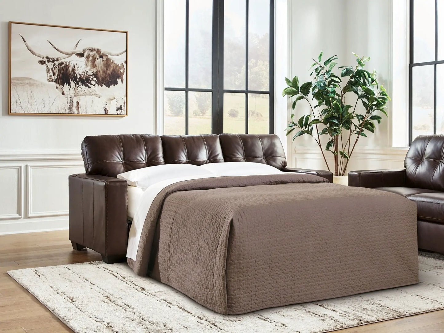 Santorine sofa sleeper by Unique Piece Furniture in brown leather with tufted arms on Tampa Home & Garden Store