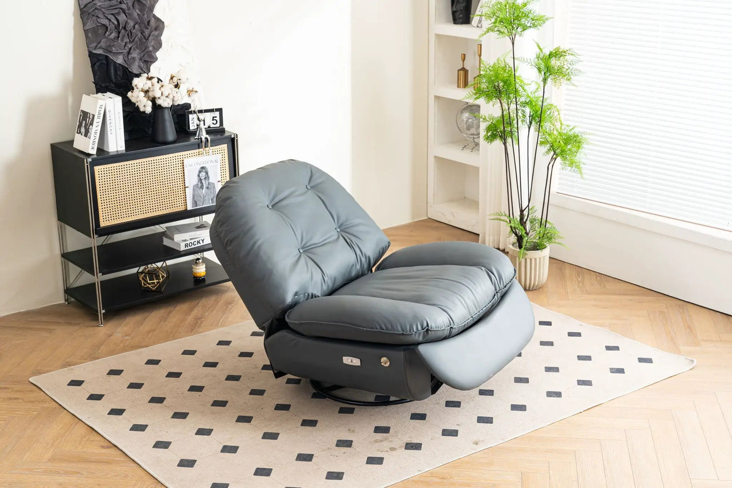 Power recliner swivel glider chair in gray upholstery with USB charger and music player on Tampa Home & Garden Store