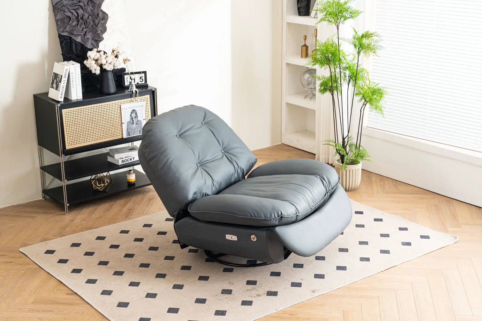 Power recliner swivel glider chair in gray upholstery with USB charger and music player on Tampa Home & Garden Store