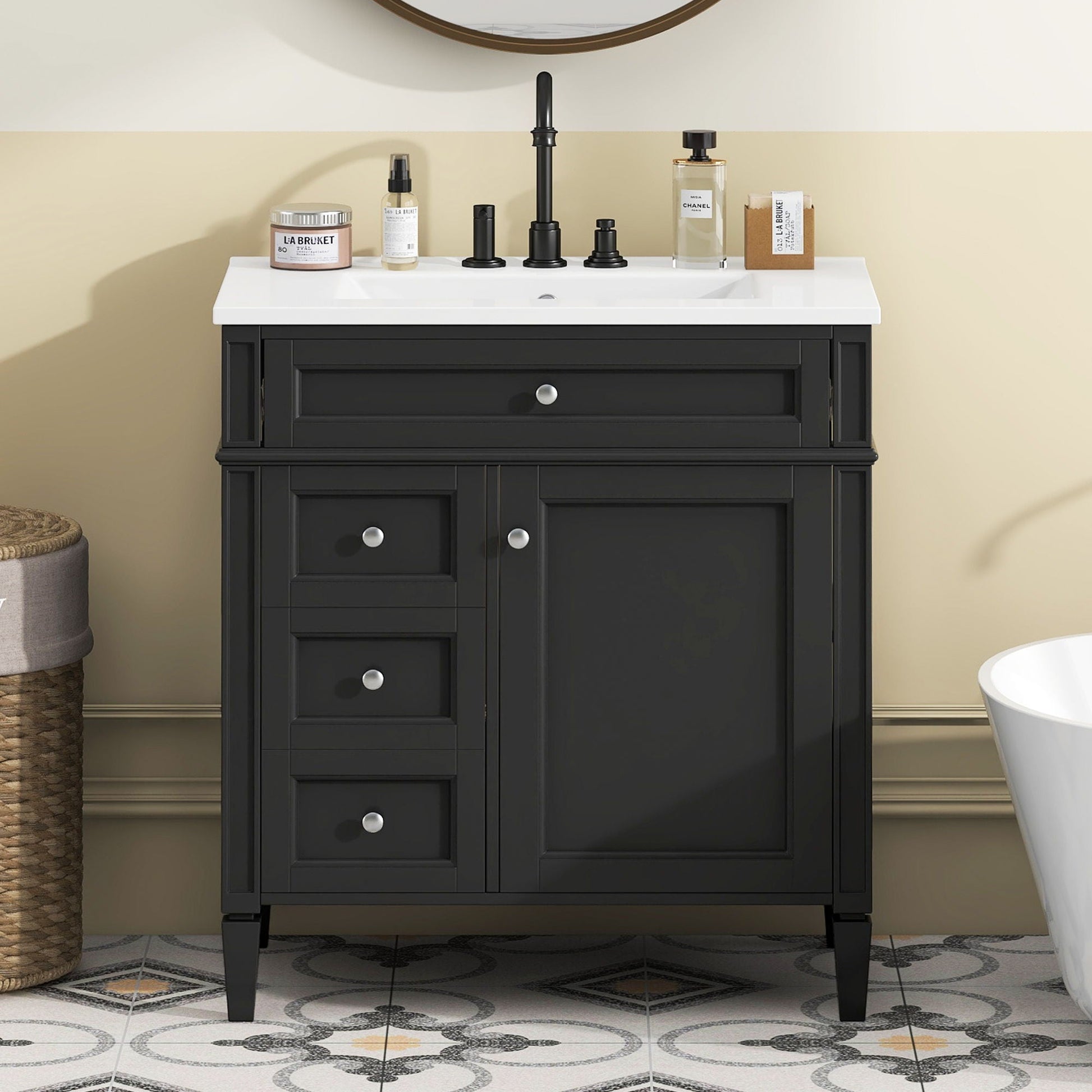 Bathroom vanity with top sink by HouseOfZazla, black cabinet white countertop, 2 drawers tip-out on Tampa Home & Garden Store