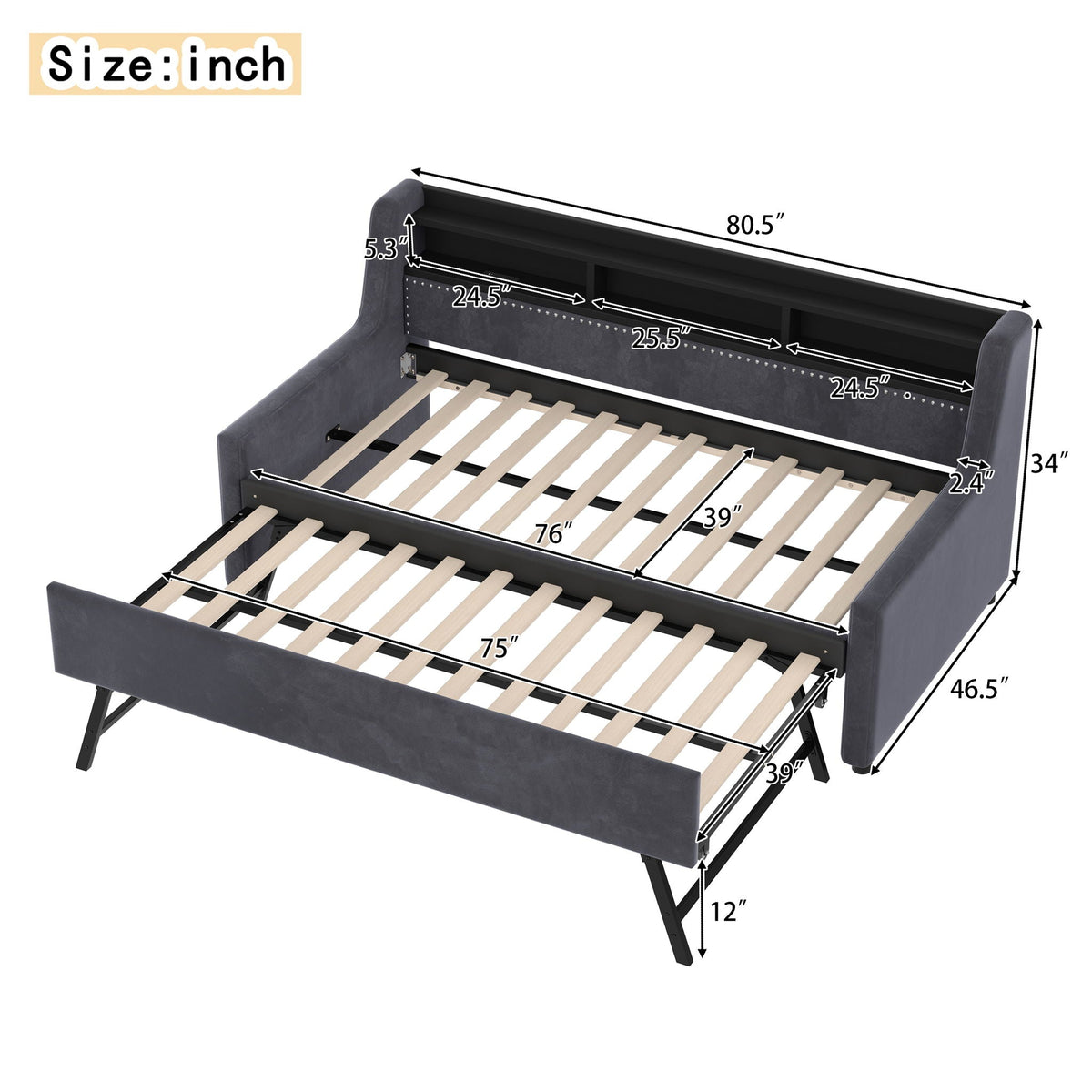 Twin size daybed with trundle in dark gray, LED charging station and slatted storage bed base on Tampa Home & Garden Store
