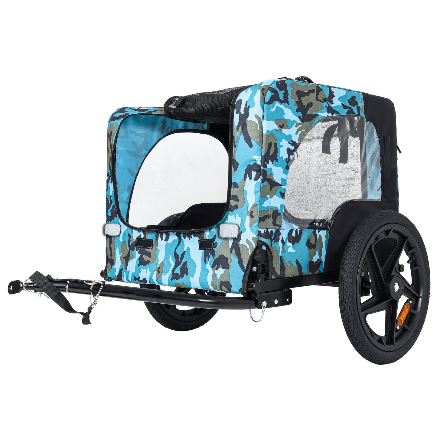 Outdoor heavy-duty collapsible pet bike trailer with blue camouflage fabric and 16-inch wheels on Tampa Home & Garden Store