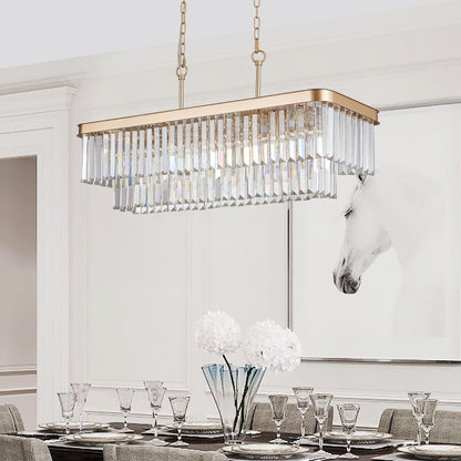 Rectangular crystal chandelier with gold iron frame, adjustable prism strands, HouseOfZazla on Tampa Home & Garden Store