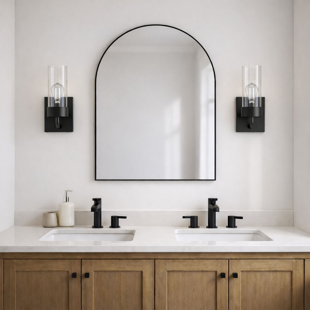 Zephyr single light sconces in black with clear glass shades, pair on Tampa Home & Garden Store