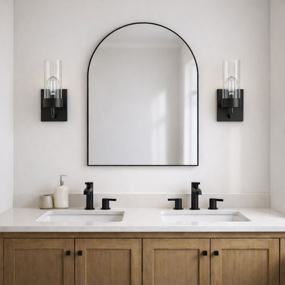 Zephyr single light sconces in black with clear glass shades, pair on Tampa Home & Garden Store