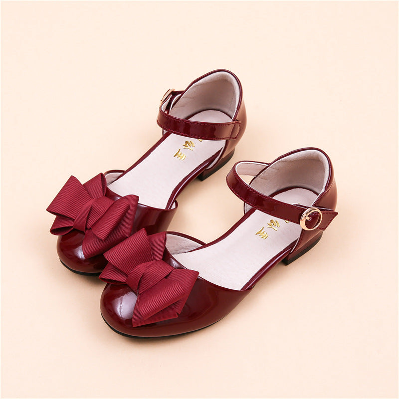 Big Kids' Hollow Velcro Patent Leather Shoes With Bow burgundy, bow, ankle strap My Store on Tampa Home & Garden Store