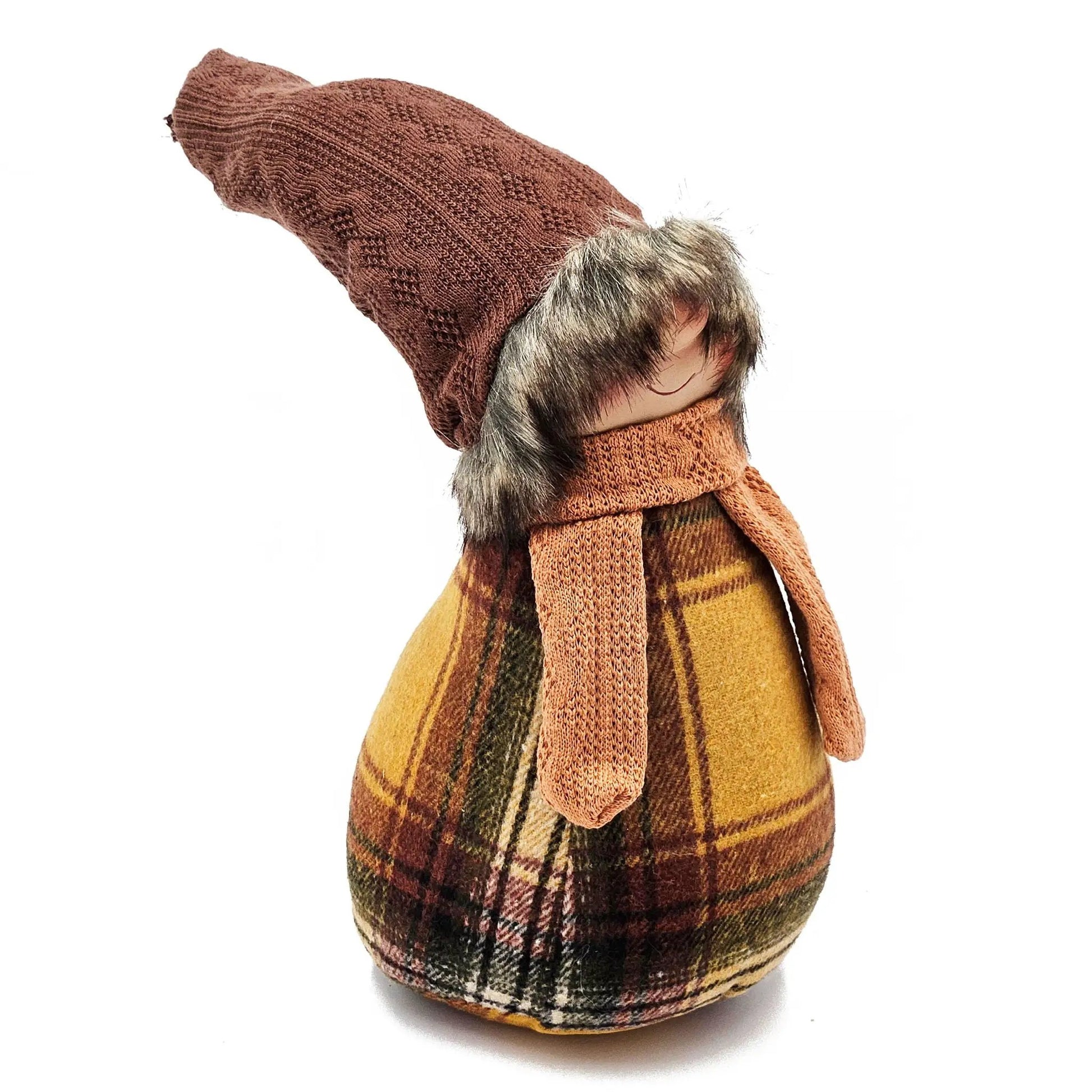 Gnome sculpture in brown knit hat with fur trim and matching scarf fall decor on Tampa Home & Garden Store