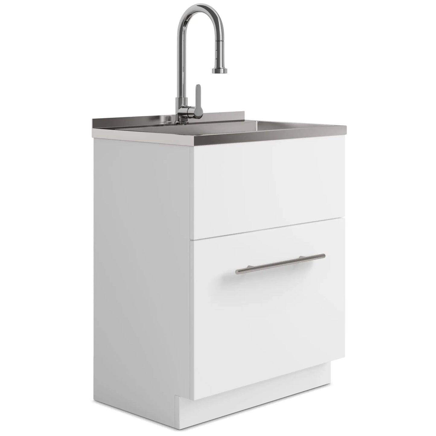 Metro laundry cabinet with chrome gooseneck faucet and stainless steel sink atop white vanity on Tampa Home & Garden Store