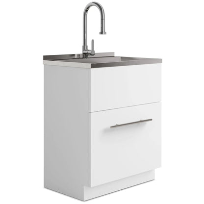 Metro laundry cabinet with chrome gooseneck faucet and stainless steel sink atop white vanity on Tampa Home & Garden Store