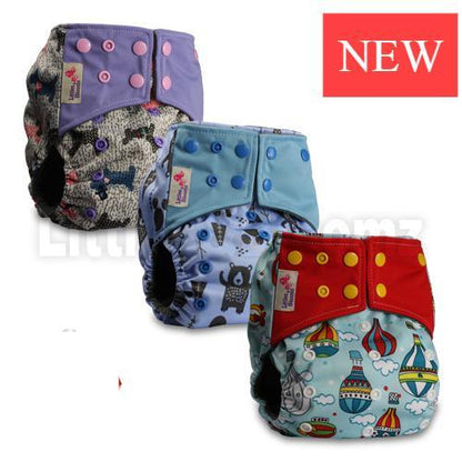 Cloth pocket nappies set Stevvex, three washable real cloth diapers with purple blue red prints on Tampa Home & Garden Store