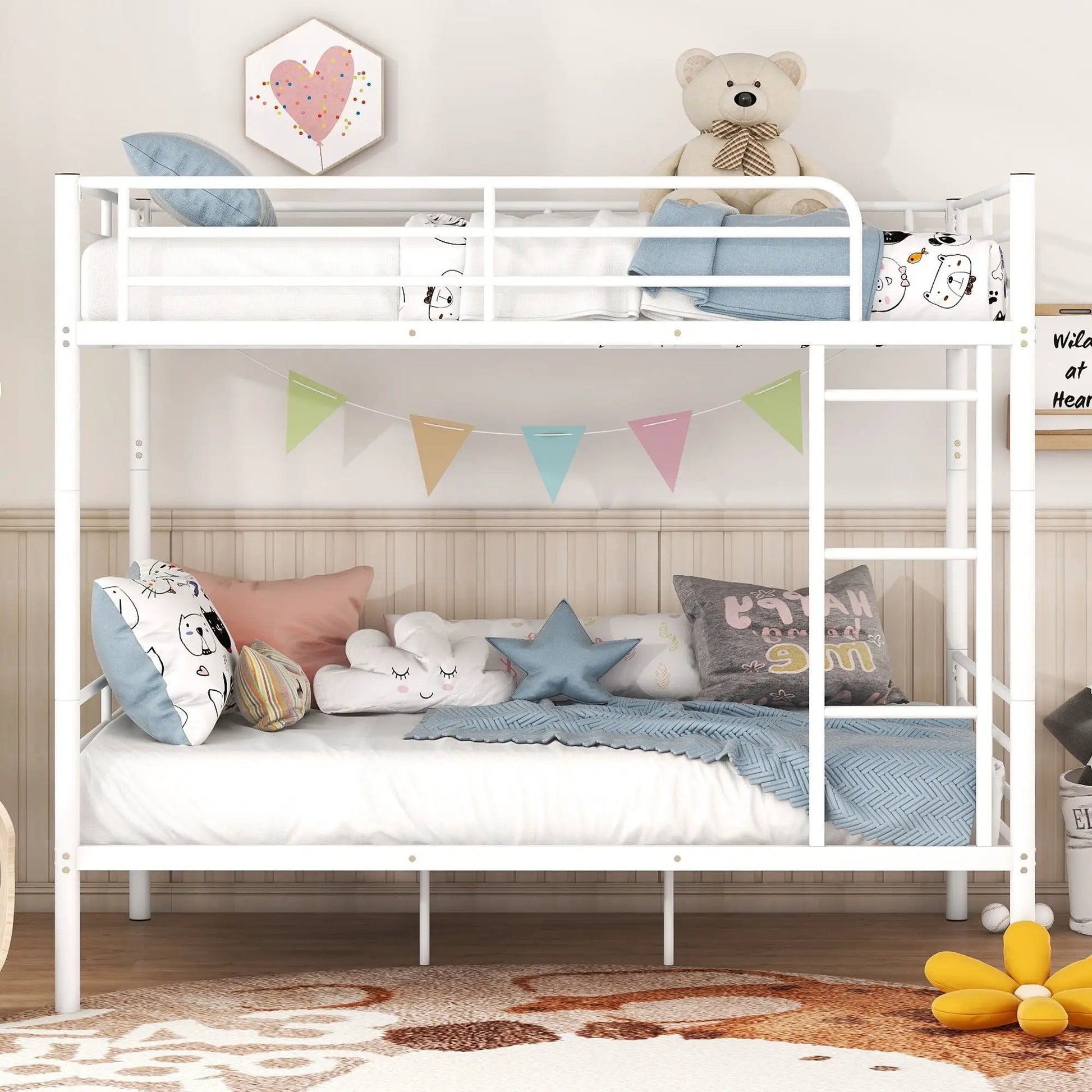 White steel bunk bed by Unique Piece Furniture with guard rails; top bunk teddy bear, blue pillow on Tampa Home & Garden Store