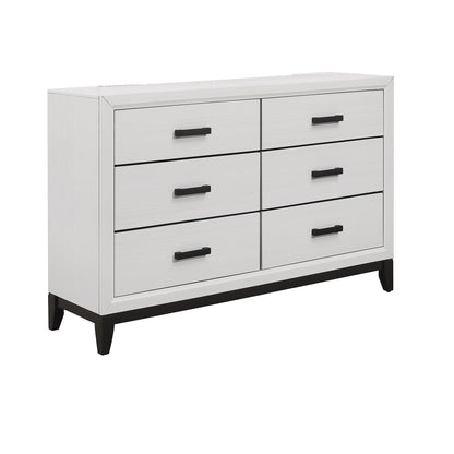 Mirage Dresser with six spacious drawers in light gray finish, black bar pulls, tapered legs on Tampa Home & Garden Store