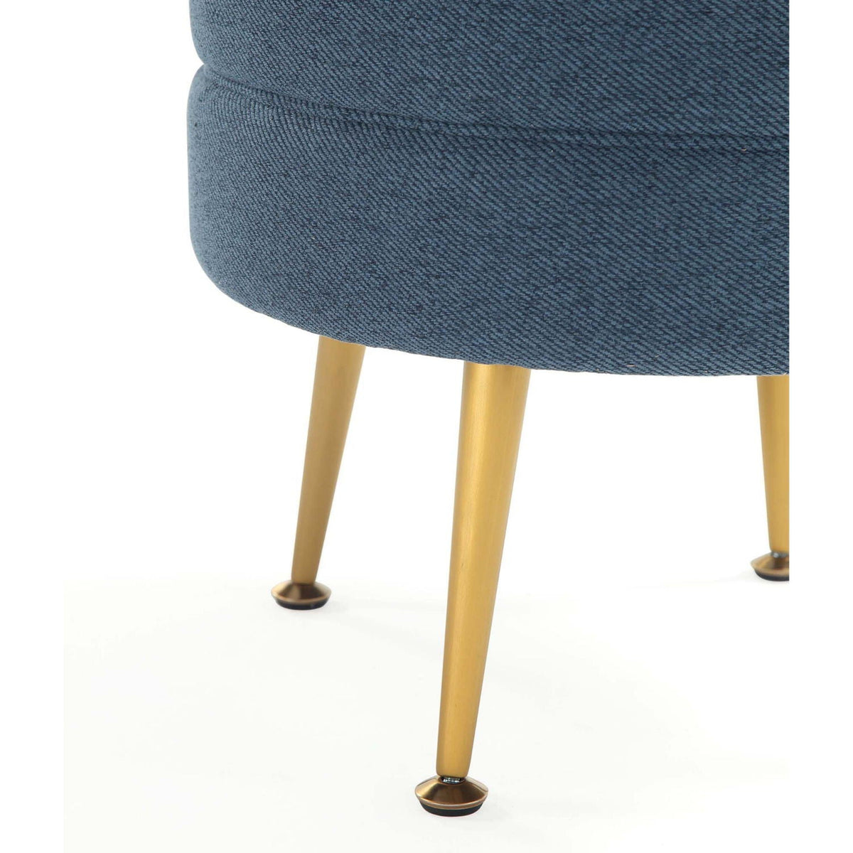 Bailey Upholstered Accent Ottoman in blue denim fabric with gold-tone tapered legs on Tampa Home & Garden Store