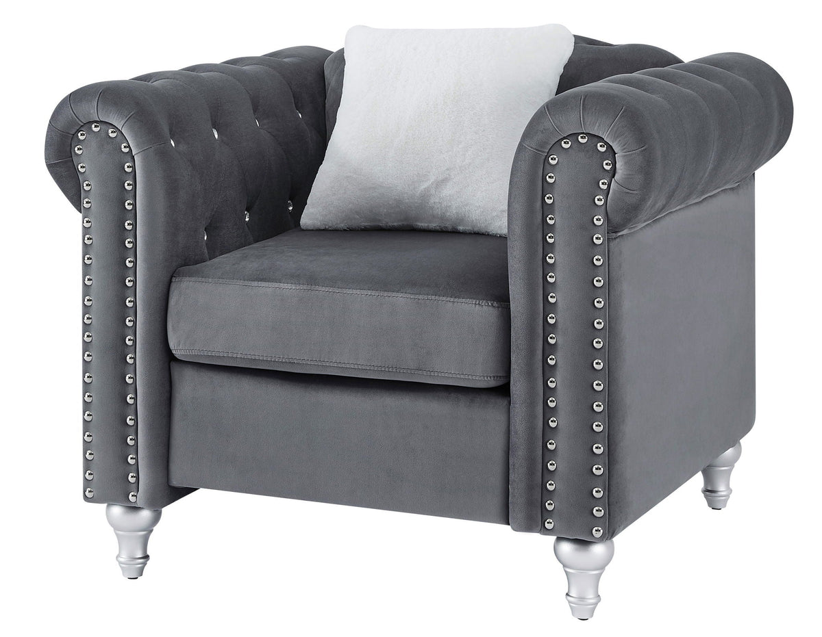 Contemporary lounge chair by HouseOfZazla in gray velvet with tufted back and studded arms on Tampa Home & Garden Store