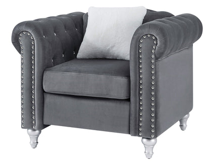 Contemporary lounge chair by HouseOfZazla in gray velvet with tufted back and studded arms on Tampa Home & Garden Store