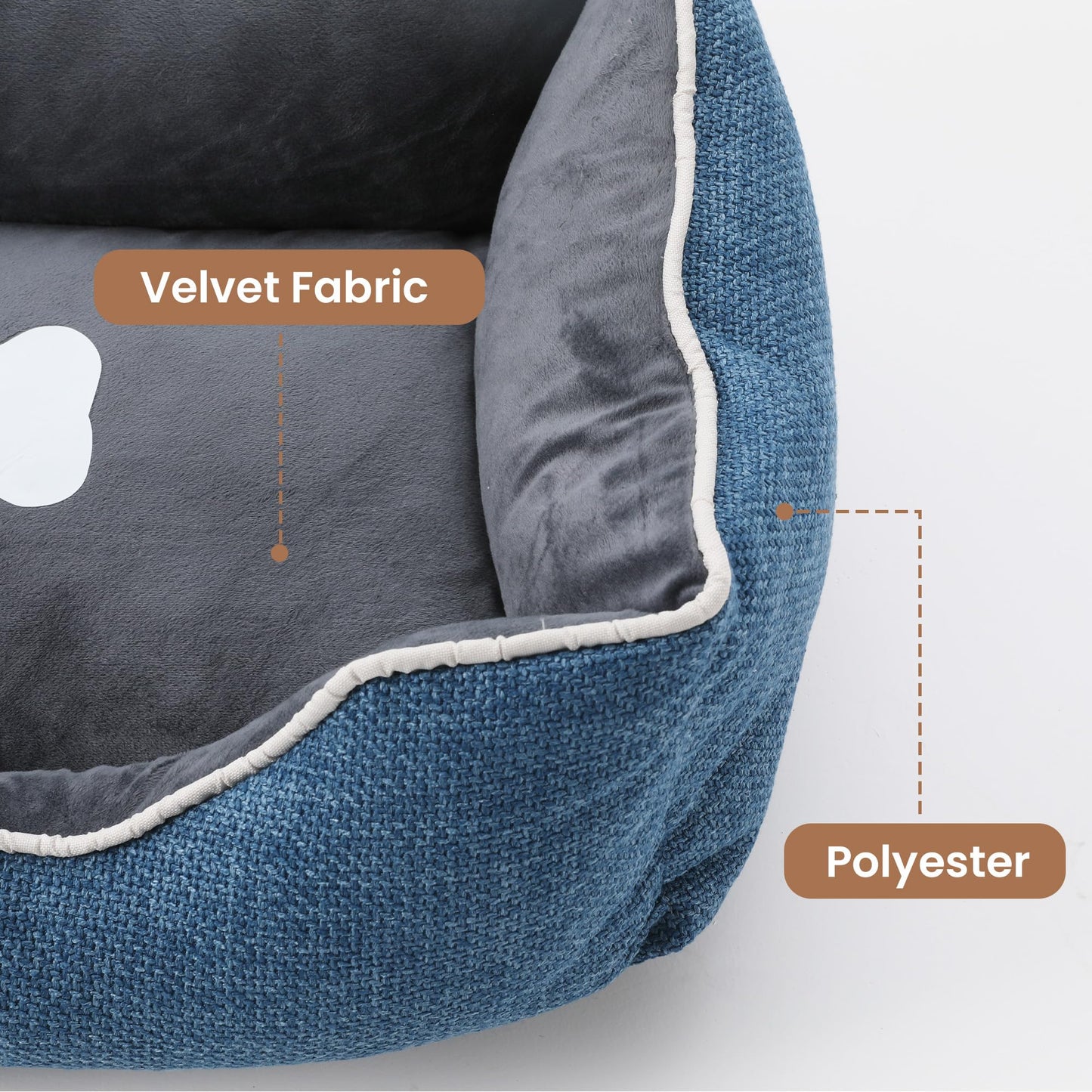 Small dog bed in blue velvet fabric with grey plush interior, white piping, anti-slip bottom on Tampa Home & Garden Store