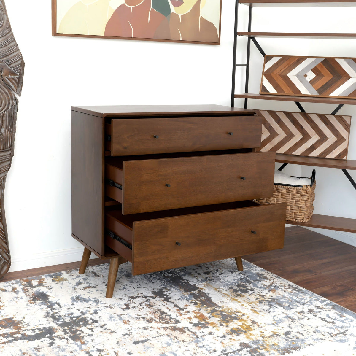 Solid wood 3-drawer dresser in brown finish with tapered legs on Tampa Home & Garden Store