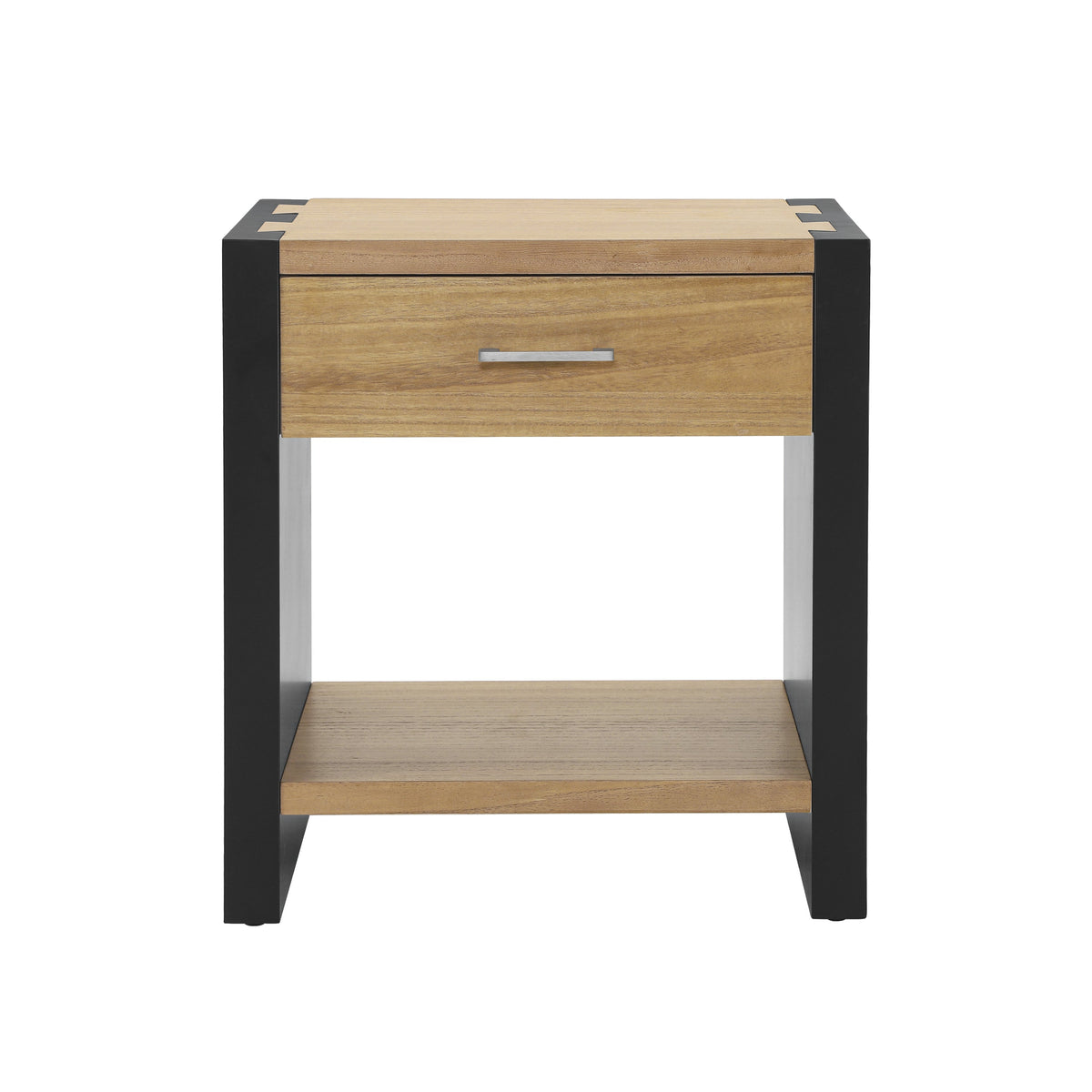 HouseOfZazla two-drawer wood nightstand with black metal frame and natural wood fronts on Tampa Home & Garden Store