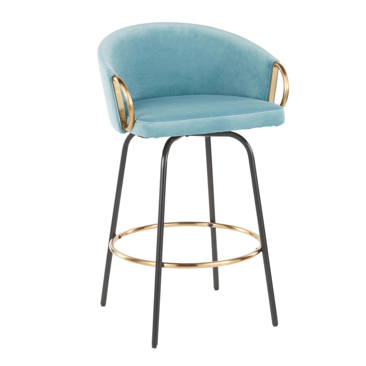 Counter stool set of 2, light blue velvet with gold ring arms and black legs on Tampa Home & Garden Store