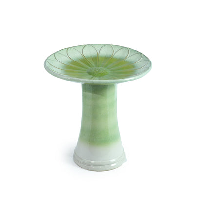 Handmade glazed ceramic bird bath with daisy-petal embossed tray in green glaze on Tampa Home & Garden Store