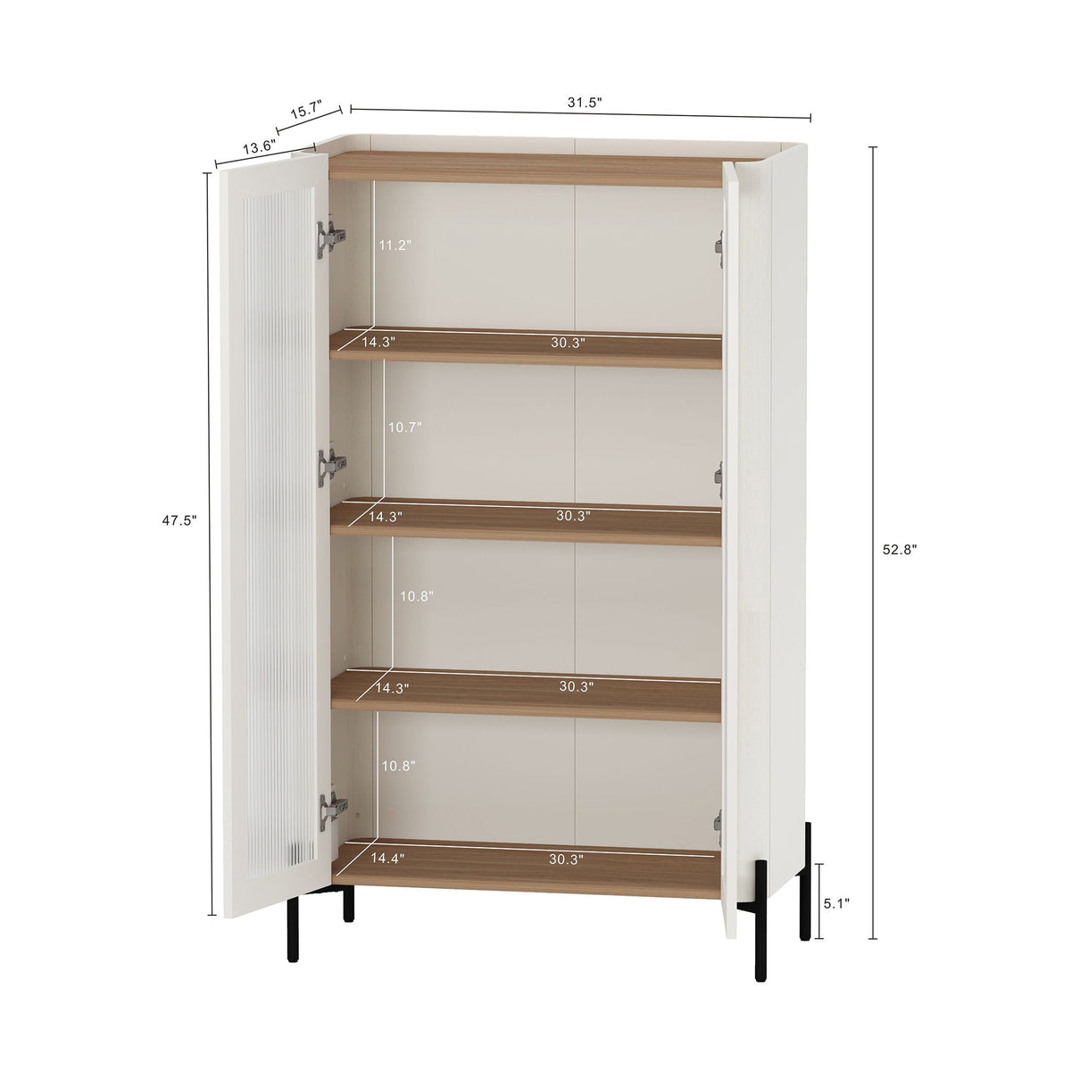 Abbey bookcase cabinet with ribbed glass doors and adjustable shelves, white finish on Tampa Home & Garden Store