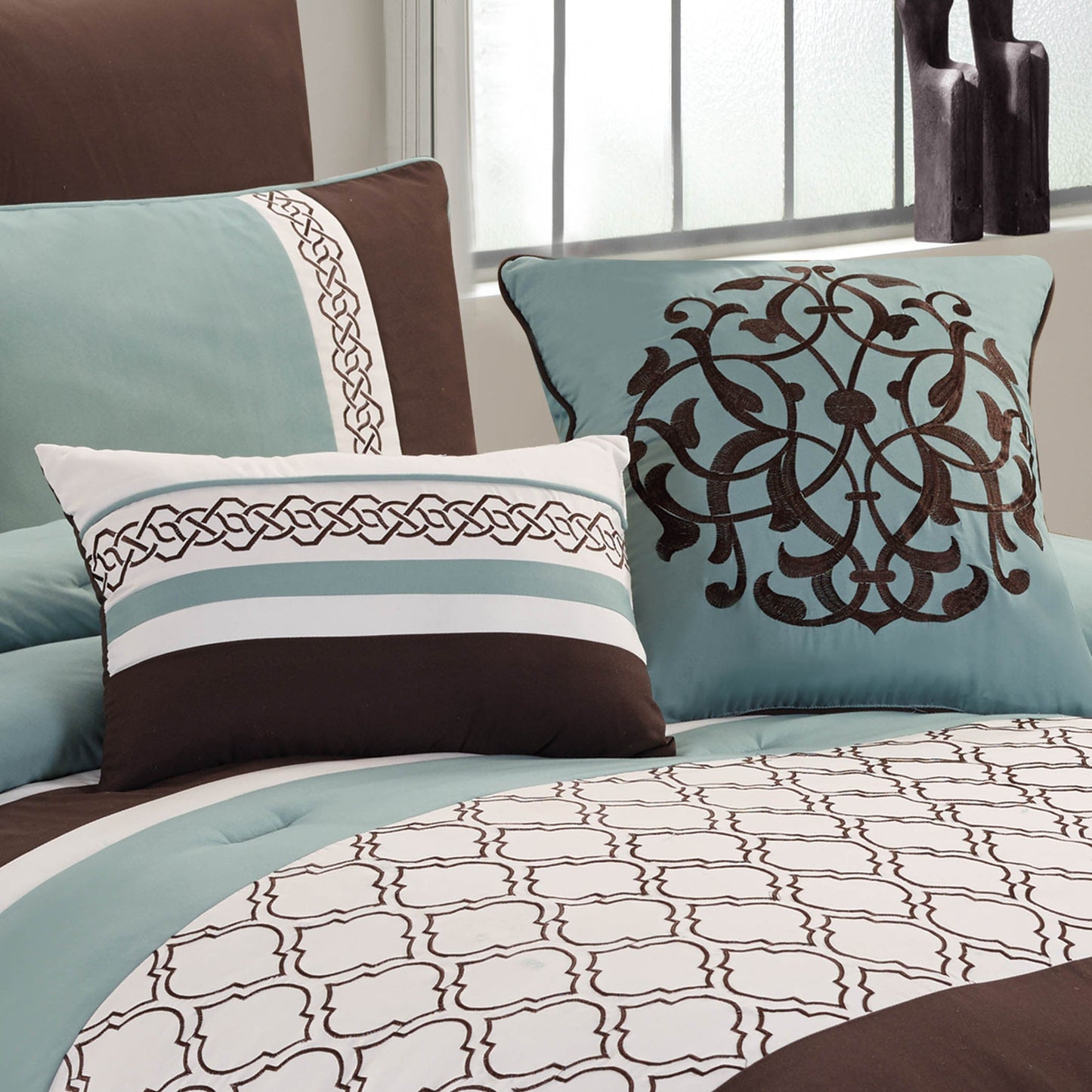 Tolbert 8 Pc Teal & Brown Geometric Embroidered Comforter Set by HouseOfZazla teal and brown embroidered bedding on Tampa Home & Garden Store