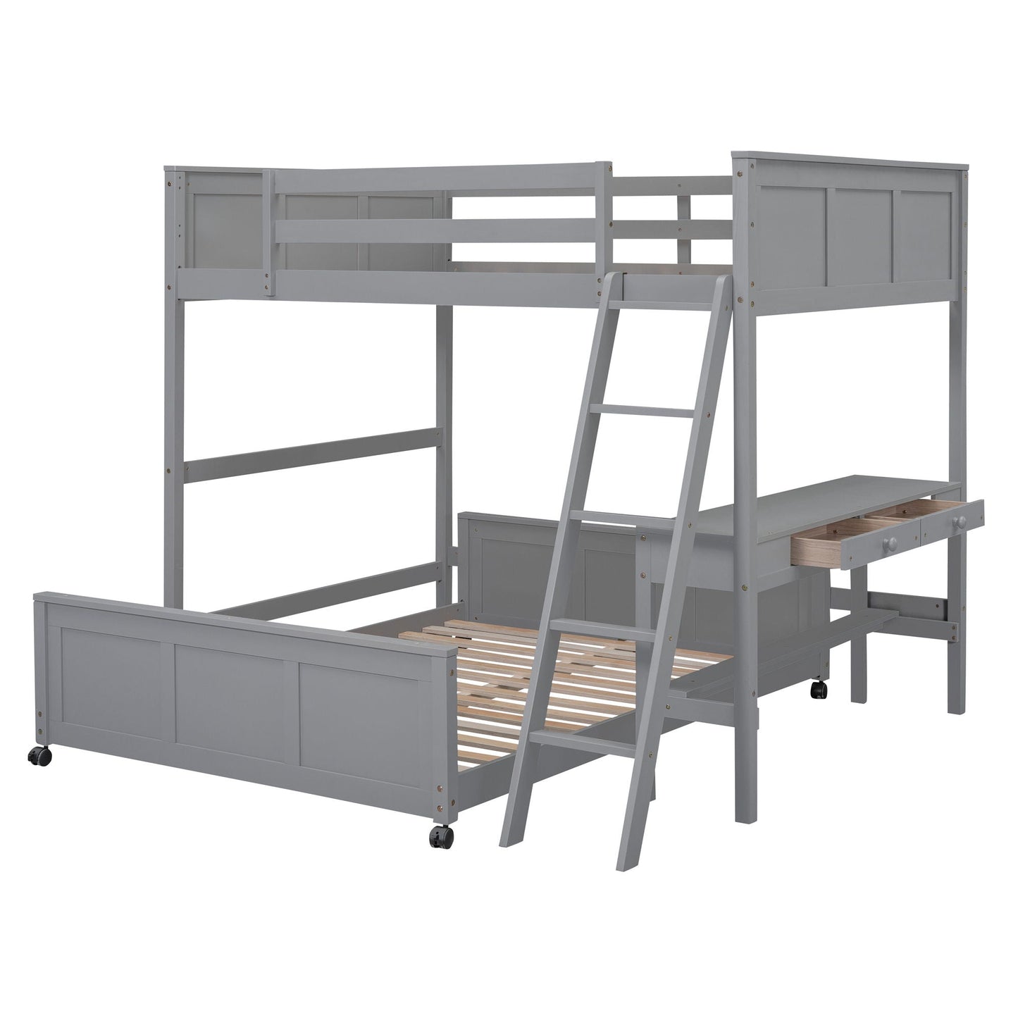 Full over full bunk bed with desk in gray wood, drawers and ladder by Unique Piece Furniture on Tampa Home & Garden Store
