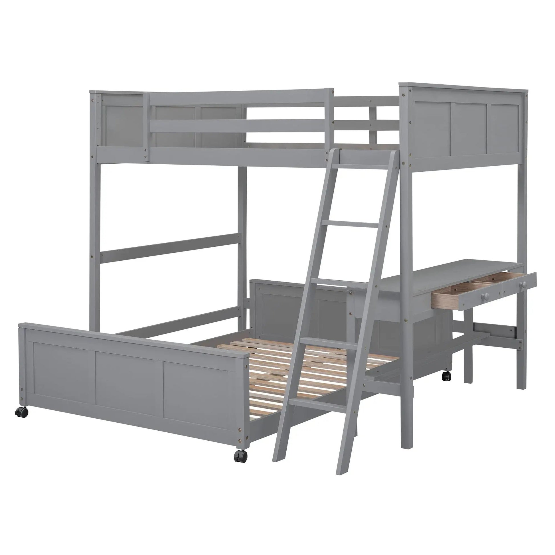 Full over full bunk bed with desk in gray wood, drawers and ladder by Unique Piece Furniture on Tampa Home & Garden Store
