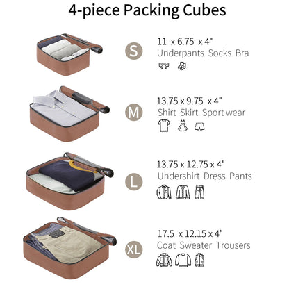 4-piece brown packing cubes set with light interiors opened to reveal clothes; labeled S M L XL on Tampa Home & Garden Store