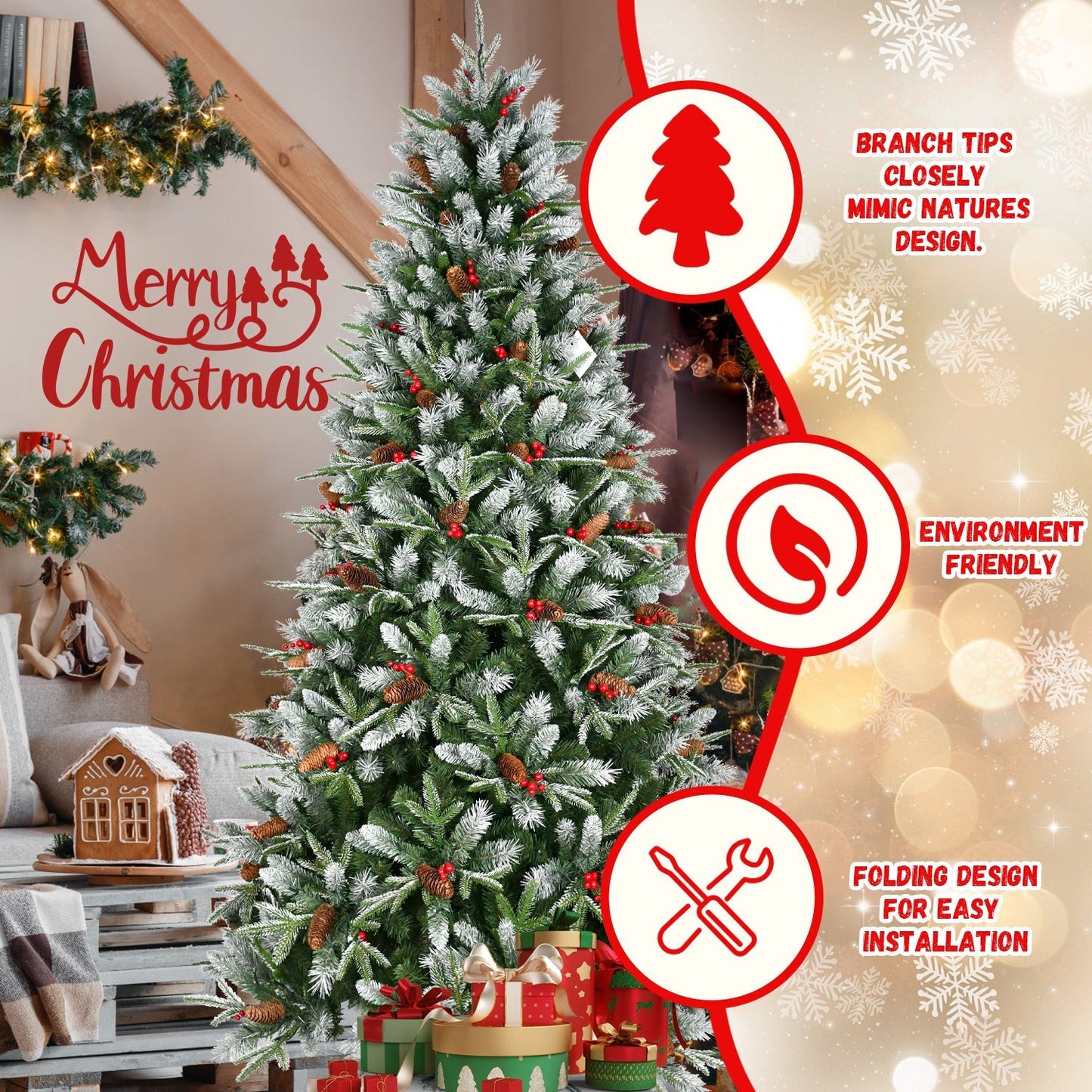 7.5-Foot Snow-Tipped Woodland Christmas Tree HouseOfZazla with snow-dusted needles and pinecones on Tampa Home & Garden Store