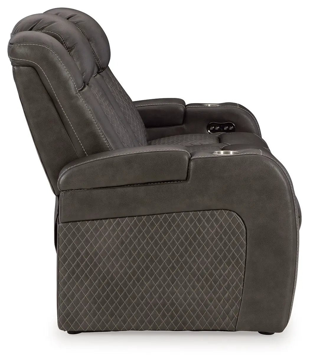 Fayne-dyme Power Reclining Sofa With Adj Headrest dark brown leatherette diamond-stitched on Tampa Home & Garden Store