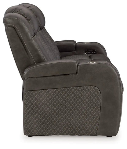 Fayne-dyme Power Reclining Sofa With Adj Headrest dark brown leatherette diamond-stitched on Tampa Home & Garden Store