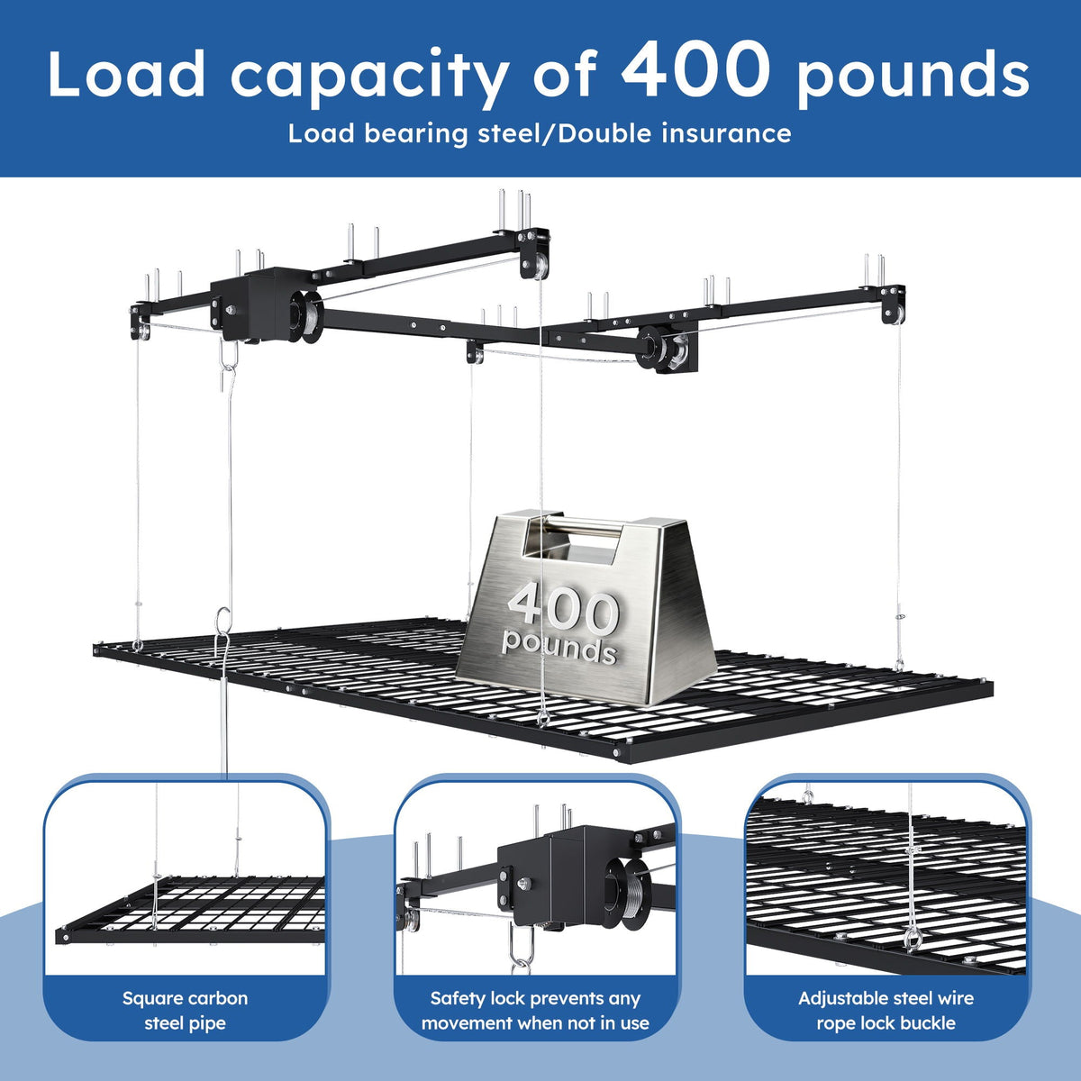 Overhead garage storage rack with crank system, black steel, HouseOfZazla on Tampa Home & Garden Store