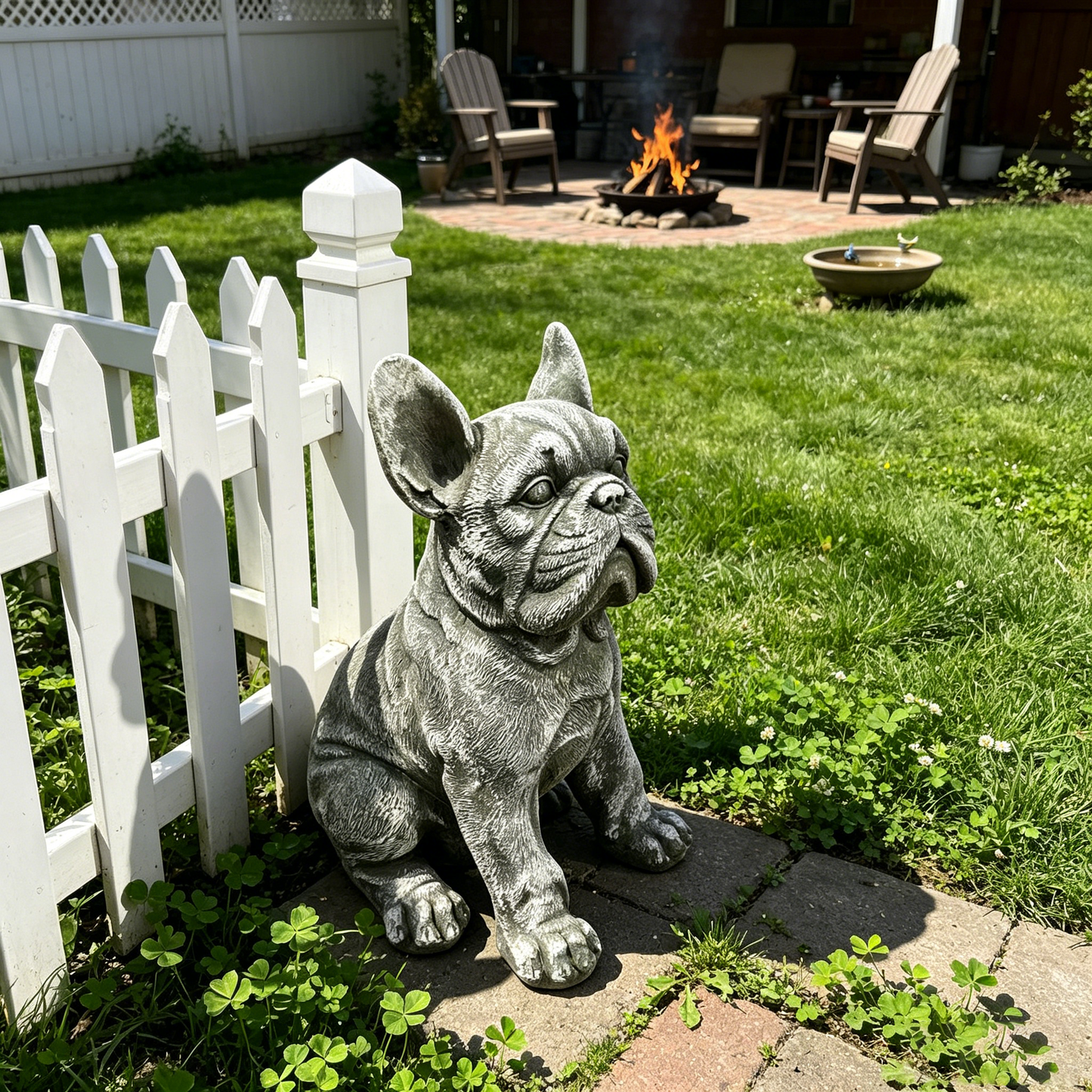 16in Weatherproof French Bulldog Statue by HouseOfZazla, gray stone finish for yard decor on Tampa Home & Garden Store
