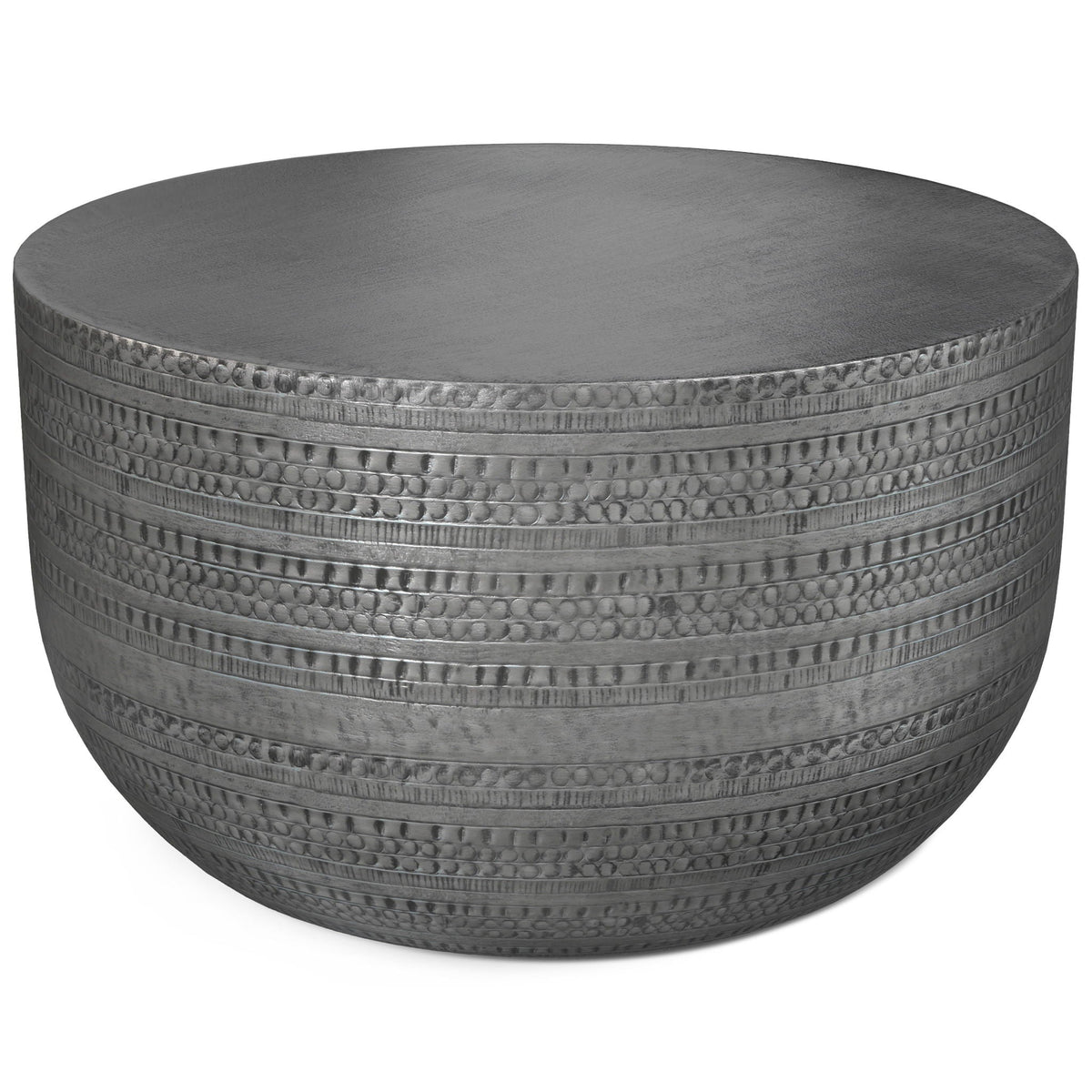 Round hammered silver metal coffee table with beaded edge by HouseOfZazla on Tampa Home & Garden Store