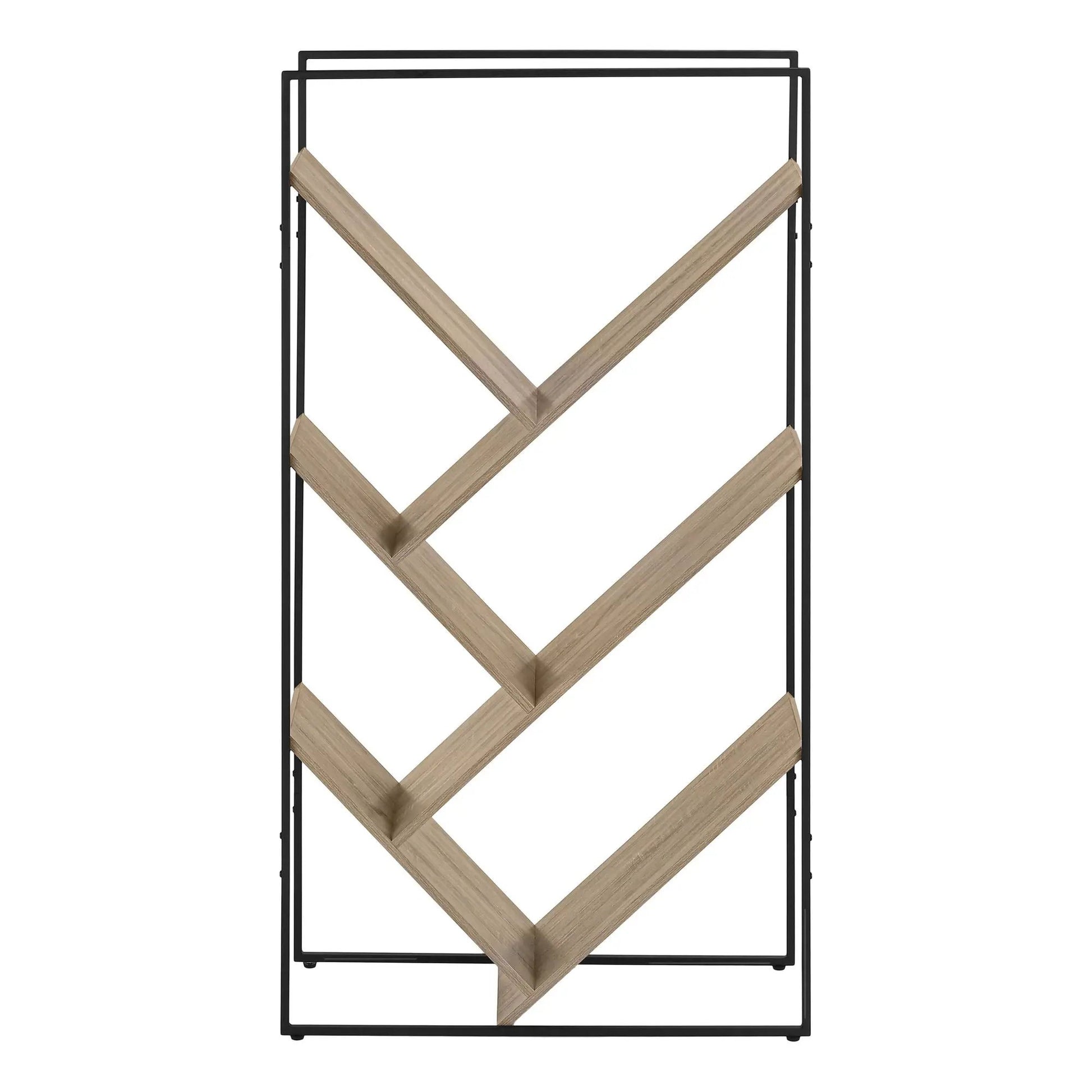 3-tier etagere bookshelf with black metal frame and light oak diagonal slats on Tampa Home & Garden Store