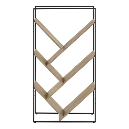 3-tier etagere bookshelf with black metal frame and light oak diagonal slats on Tampa Home & Garden Store